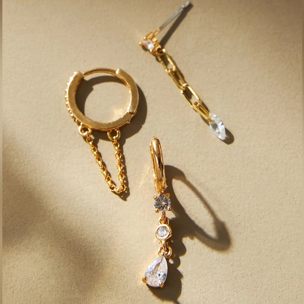 NWT Set of Three Gold and Crystal Huggie Earrings by Anthropologie - Picture 2 of 3
